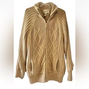 VTG Cableknit Fisherman Cardigan XL Lined Camel Grandpa Preppy Old Money
